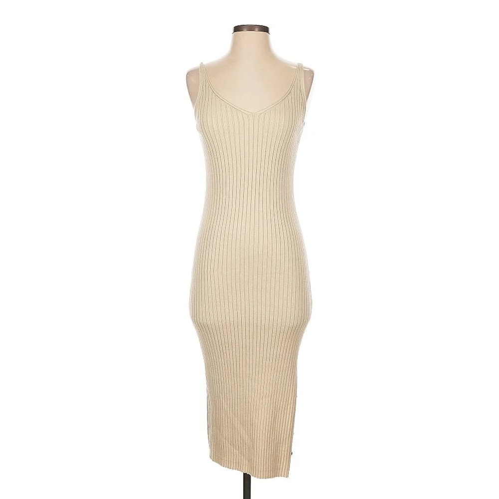 Bloomingdales Aqua Ribbed Sleeveless Sweater Midi Dress Beige XS
